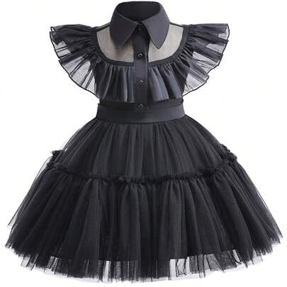 Vestido negro esponjoso de malla para niña joven