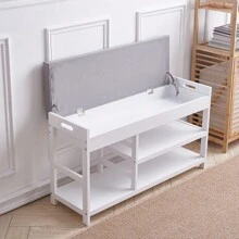 LIVINGANDHOME Living And Home 2-Tier Wood Shoe Storage Bench With Padded Seat - White - View 5