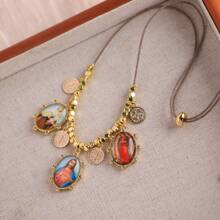 1pc,  Virgin Mary Jesus And Baby Necklace Oval Shape Glass Cabochon Photo Dome Long Cord Choker Collar Christian Jewelry