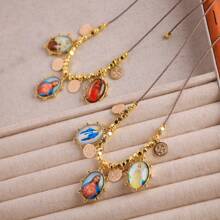 1pc,  Virgin Mary Jesus And Baby Necklace Oval Shape Glass Cabochon Photo Dome Long Cord Choker Collar Christian Jewelry