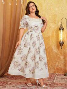 SUPGIR Plus Floral Print Square Neck Puff Sleeve Dress - Mauve Purple - View 4