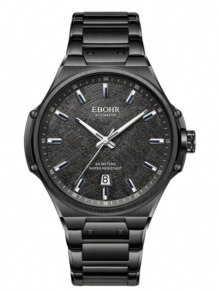 1pc Men s Black Stainless Steel Automatic Mechanical Wrist Watch Industrial Style Waterproof SHEIN UK