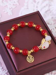 1pc Cute Jade Rabbit Bracelet For Women, Chinese Style Beaded Lucky Charm Bracelet - Red - View 7