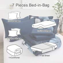 7 Pieces Floral Yellow/Aqua/Navy Blue Floral Comforter Set Queen King Bed In A Bag Botanical Floral Comforter Soft Soft Microfiber Complete Bedding Sets For Fall And Wedding Items,Valentines Day Home Bed Room Decor,Mothers Day Gift,All Season - 藏蓝色 - 查看 7