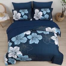 7 Pieces Floral Yellow/Aqua/Navy Blue Floral Comforter Set Queen King Bed In A Bag Botanical Floral Comforter Soft Soft Microfiber Complete Bedding Sets For Fall And Wedding Items,Valentines Day Home Bed Room Decor,Mothers Day Gift,All Season - 藏蓝色 - 查看 3