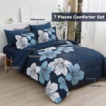 7 Pieces Floral Yellow/Aqua/Navy Blue Floral Comforter Set Queen King Bed In A Bag Botanical Floral Comforter Soft Soft Microfiber Complete Bedding Sets For Fall And Wedding Items,Valentines Day Home Bed Room Decor,Mothers Day Gift,All Season - 藏蓝色 - 查看 2