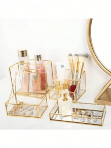 1PC Glass Jewellery Box Clear Trinket Box Vanity Rings Earrings Box Organizer Display Case Decorative Keepsake Box With Lid For Home Wedding Birthday Gift (Gold)-(Chain Style Is Random) Back To School