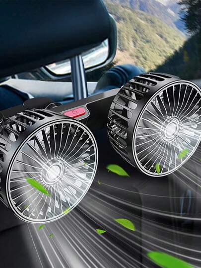 1個 車用扇風機、USB接続 デュアルヘッド 車用ファン、後部座席用、3段階風量調整、360度回転、車/SUV/RV用