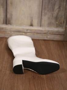 FVPFVP Inspired Patent Leather Square Toe Tall Boots, Slim Fit Chunky Heel Riding Boots For Women, Autumn/Winter,White Boots