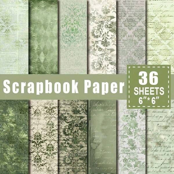 36pcs 6"X6" Vintage Green Pattern Paper Pad Designed Art Papers For Gift Album Art Decorative Craft Paper, Watercolor DIY, Retro Decoration, Printing Card Making Gifts Packing Decoration Back To School