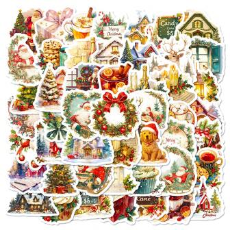 Christmas Decoration 50pcs/Pack Christmas Tree House Dim Sum Waterproof DIY Creative Stickers Toys,Laptop PC Computer Mobile Smartphones Phone Case Guitar Desktop Cup Travel Motorcycles Car Accessories Sticker