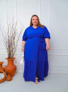 LONG 3/4 SLEEVE CHEMISE DRESS - 寶藍色 - 查看 2