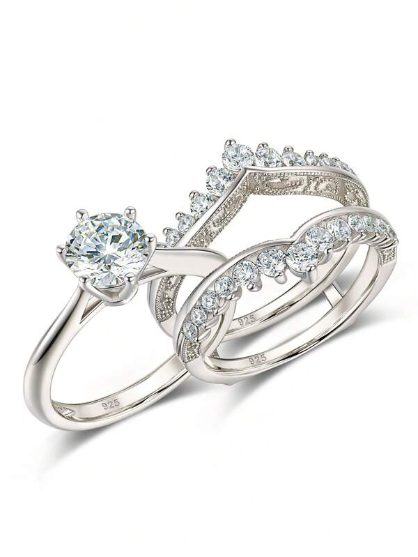 AIHUASI 2pcs/Set 925 Sterling Silver Solitaire 7*7mm 1.25 Ct Round Cut Cubic Zirconia Engagement Ring Bridal Sets Guard Wedding Band Enhancers For Women Exquisite Fine Jewelry Valentines Gift