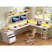 EnHomee L Shaped Computer Desk With Drawers, Gaming Computer Desk With LED Light & Power Outlets,Gaming Desk With Monitor Stand & Shelves, Home Office Desks For Gaming Room - 查看 1
