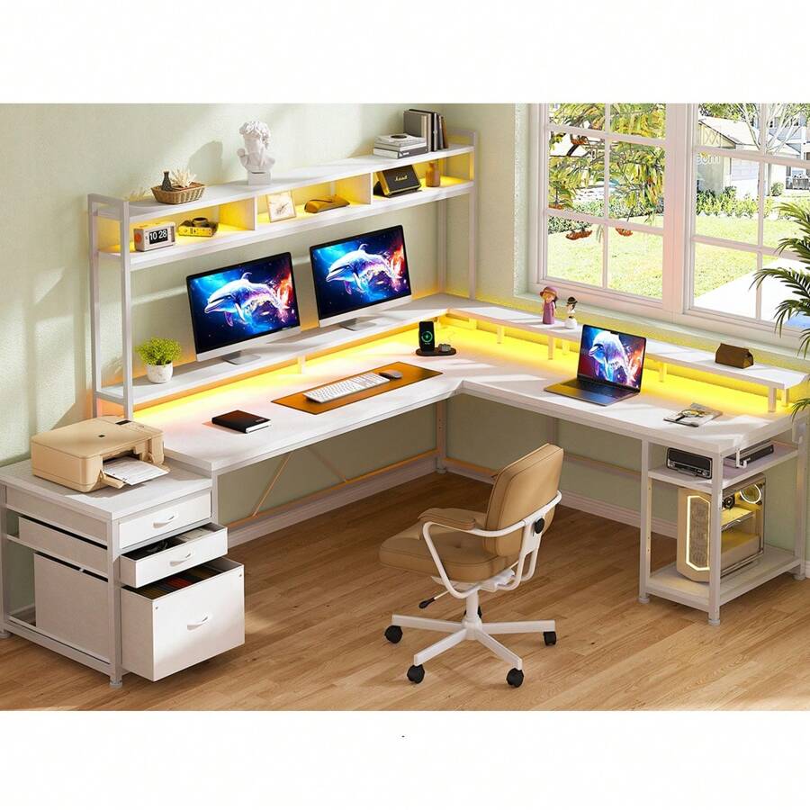 EnHomee L Shaped Computer Desk With Drawers, Gaming Computer Desk With LED Light & Power Outlets,Gaming Desk With Monitor Stand & Shelves, Home Office Desks For Gaming Room - 查看 1