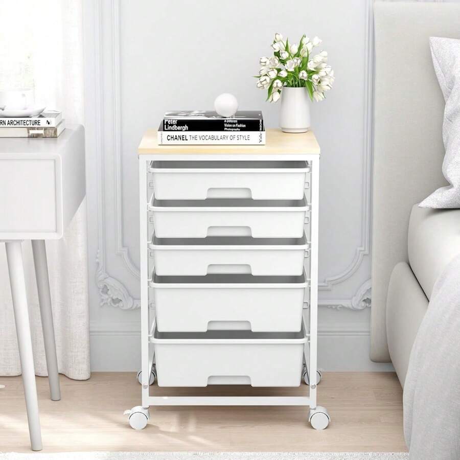 Utility Cart With 5 Drawers,Storage Drawer Cart With Wooden Tabletop