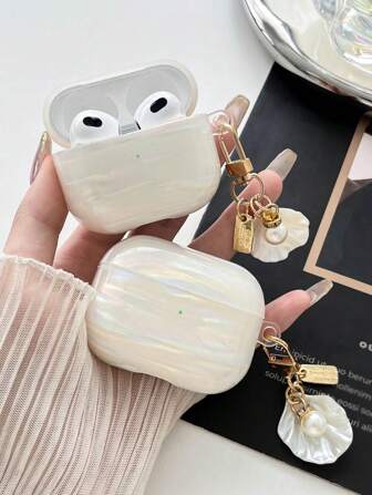1pc Colorful Shell Pattern + Pearl Hanging Chain IMD Shockproof Earphone Case Compatible With Apple 2/3/4/Pro/Pro 2/Pro 3 Earphone Case