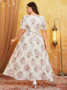 SUPGIR Plus Floral Print Square Neck Puff Sleeve Dress - Mauve Purple - View 3