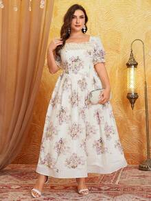 SUPGIR Plus Floral Print Square Neck Puff Sleeve Dress - Mauve Purple - View 1