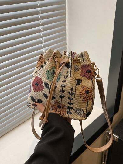Nuevo mini bolso de tela china tipo bandolera, bolso tipo cubo con estampado retro de caligrafía estilo nacional 2025, bolso casual de primavera para mujer, bolso de mano