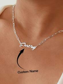 个性化姓名项链配回形针链，精致铭牌吊坠项链，女士姓名定制项圈不锈钢简约珠宝生日派对周年纪念礼物度假礼物 - 銀色 - 查看 2