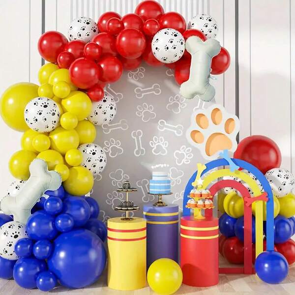 137 Peças Kit de Arco e Decoração de Balões de Látex nas cores Vermelho, Amarelo, Azul e Formato de Pata de Cachorro, Balões Metalizados em Formato de Osso para Festa de Aniversário com Tema Patrulha, Decoração para Volta às Aulas e Dia dos Namorados