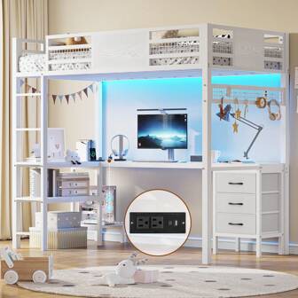 Loft Twin Size Bed With Desk, LED Lights And Charging Station, Metal Loft Bed Frame With Fabric Drawers And Shelves, White