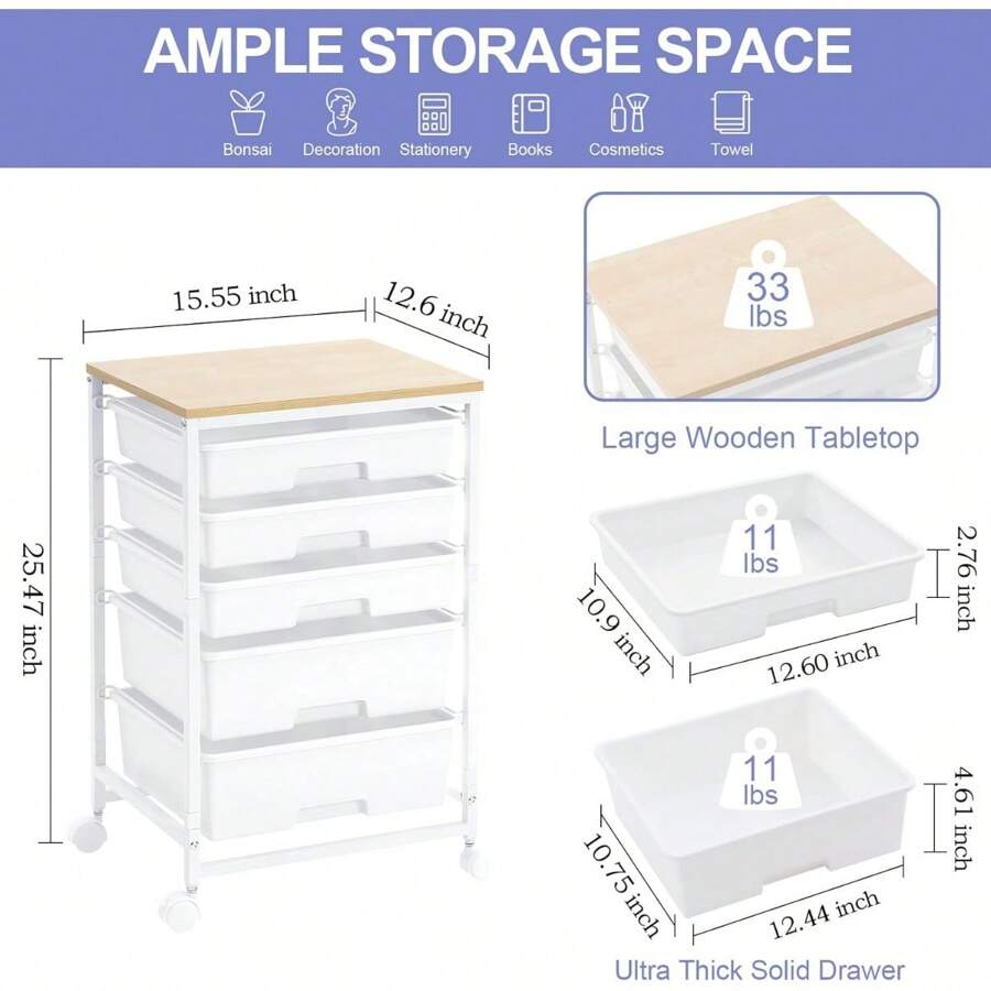 Utility Cart With 5 Drawers,Storage Drawer Cart With Wooden Tabletop