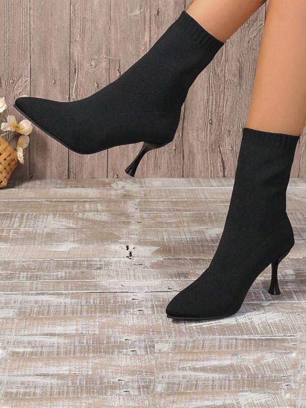 Women's Knitted Pointed Toe Black High Heel Ankle Boots, Slip-On Pull-On Stiletto Sock Booties For Dance, Commuting And Work
