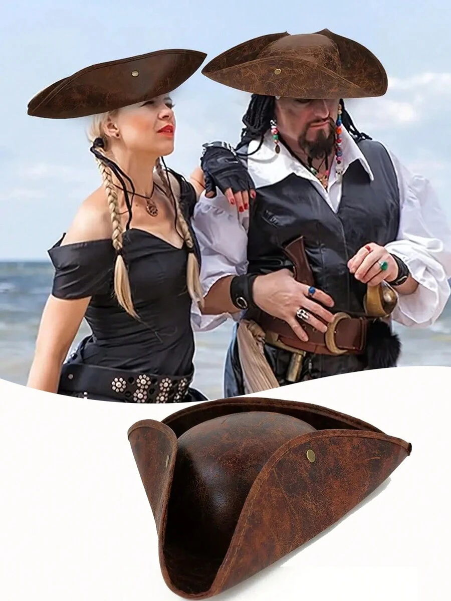 1Pc Mũ trang trí cướp biển trình diễn sân khấu phong cách cao bồi Mũ cướp biển Halloween bằng da Pu Mũ hình tam giác, Thích hợp cho trang phục Halloween, Cosplay, Đạo cụ biểu diễn, Đạo cụ chụp ảnh, Giáng sinh - nhiều màu - Xem 1