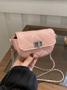 女士时尚迷你斜挎包，时尚别致的链条肩带翻盖锁圆形设计小钱包 - 粉色 - 查看 7