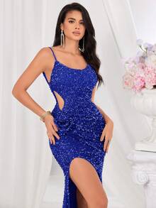 Solid Color Spaghetti Strap High Slit Mermaid Formal Evening Gown Dress For Women - Blue - View 3
