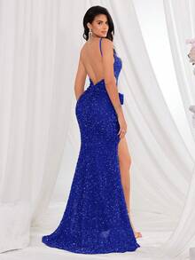 Solid Color Spaghetti Strap High Slit Mermaid Formal Evening Gown Dress For Women - Blue - View 2