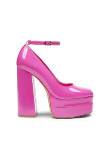 Women's High Chunky Platform Square Toe Heels Pumps Closed Toe Block Ankle Strap Solid Color Dress Fashion Party Y2K Shoes For Fall And WInter - Hot Pink - View 5