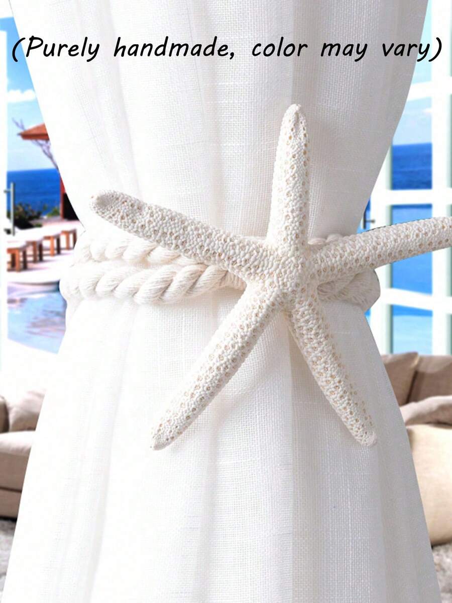 1/2pcs Natural Starfish Curtain Tieback,Simple And Elegant Pearl Curtain Tieback, No Drilling Magnetic Curtain Tiebacks, Rope Drapery Holdbacks,Room Decor Nordic Bedroom Decorations Curtain Holdback,For Bedroom Living Room Home Decor,Curtains Storage(Purely Handmade, Color May Vary) - White - View 1