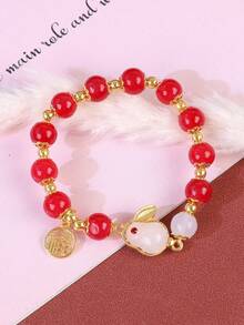 1pc Cute Jade Rabbit Bracelet For Women, Chinese Style Beaded Lucky Charm Bracelet - Red - View 6