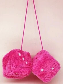 1pair Hot Pink Furry Dice Design Plush Cube Pendant Car Rearview Mirror Ornament - Pink - View 3