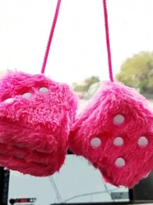 1pair Hot Pink Furry Dice Design Plush Cube Pendant Car Rearview Mirror Ornament - Pink - View 1