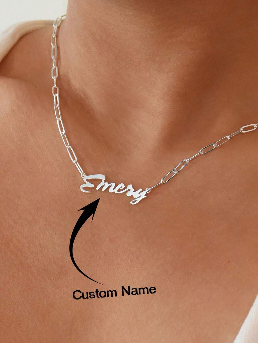 个性化姓名项链配回形针链，精致铭牌吊坠项链，女士姓名定制项圈不锈钢简约珠宝生日派对周年纪念礼物度假礼物 - 銀色 - 查看 1