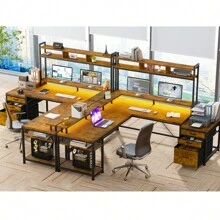 EnHomee Tiger Pattern L Shaped Gaming Computer Desk With LED Light & Power Outlets, Monitor Stand & Shelves,Drawers For Gaming Room - Xem 6