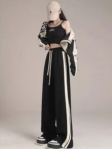 女式抽绳条纹设计直筒街头时尚百搭休闲长裤