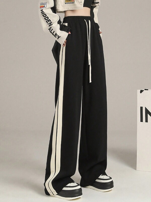 Women's Drawstring Stripe Design Straight Street Fashion Versatile Casual Trousers