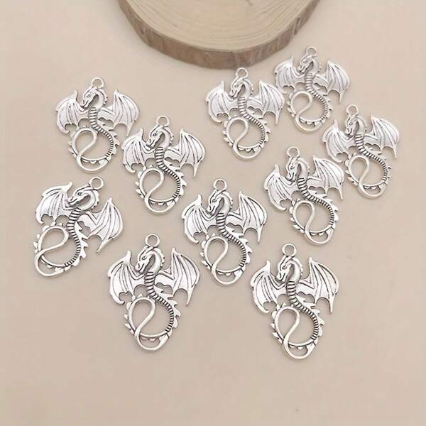 10 pingentes de liga de zinco em forma de dragão para fazer joias DIY - cor prata antiga - tamanho 28x35mm - perfeito para colares e pulseiras