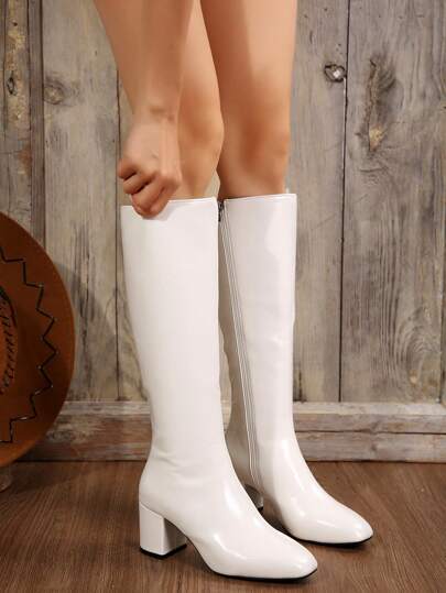 FVPFVP Inspired Patent Leather Square Toe Tall Boots, Slim Fit Chunky Heel Riding Boots For Women, Autumn/Winter,White Boots