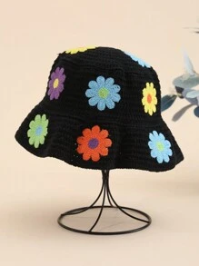 1pc Women's Cute Y2K Style Knitted Bucket Hat, Handmade Crochet Floral Pattern Hollow Decor Colorful Flower Patchwork, Sun Protection Outdoor Photography Fashion Daily Wear - Flowers - View 10