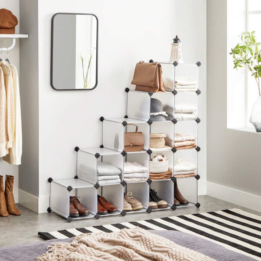SONGMICS 16Cube Storage Unit, Shoe Rack, DIY Shelving System, Stackable Cubes, PP Plastic Shelf