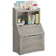 Bookshelf And Storage Organizer, Large Wooden Chest With Flip-Top Lid And Cubby, Bookcase With Storage Cabinet For Playroom Bedroom Hallway - Grey - View 1