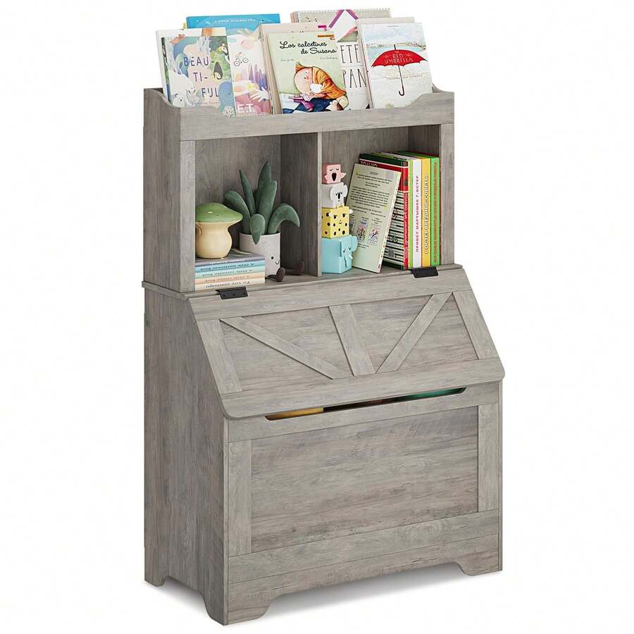 Bookshelf And Storage Organizer, Large Wooden Chest With Flip-Top Lid And Cubby, Bookcase With Storage Cabinet For Playroom Bedroom Hallway - Grey - View 1