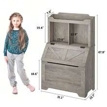 Bookshelf And Storage Organizer, Large Wooden Chest With Flip-Top Lid And Cubby, Bookcase With Storage Cabinet For Playroom Bedroom Hallway - Grey - View 2