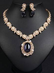 Bruidsjurken Sieraden Waterdruppel oorbellen Ketting Set met Zirkonia Waterdruppel ingelegd Meerkleurige bijpassende sieraden Ketting Oorbellen voor bruiloft en verloving High-end diner